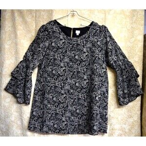 a new day Womens XXL Plus Sz Whimsigoth Bell Sleeves Monochrome Floral Medieval